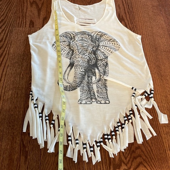 Elephant print women’s tank top beaded fringe V hemline / sliced back trendy SM - Picture 8 of 8
